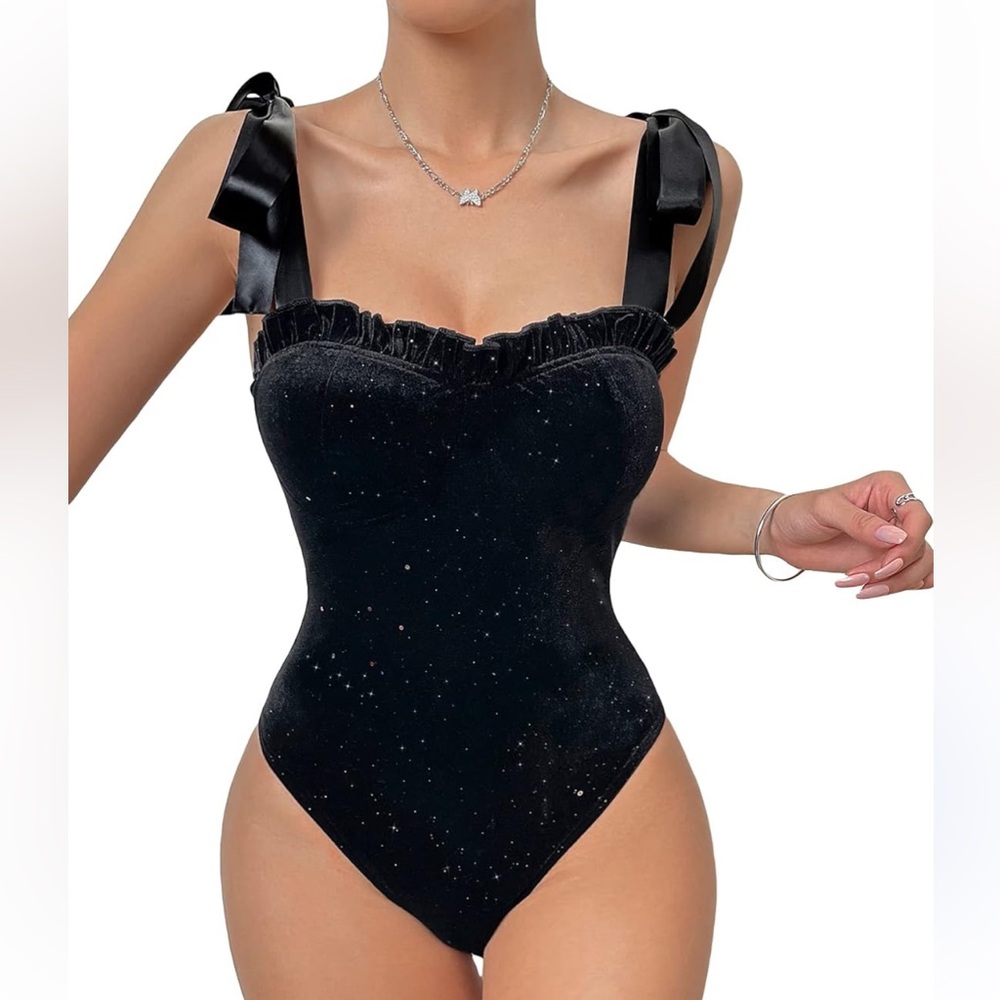 Velvet / Glitter Bustier Bodysuit with Ribbon Tie Straps XL/12